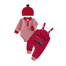 (6-9 Months, Red) Conjunto de 3 piezas para bebé niño: pelele de manga larga a rayas con estampado, gorro, ideal para San Valentín.
