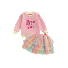 (3-4 Years, Pink) Set de 2 bucăți pentru fete mici, ținută de primăvară, cu hanorac cu broderie și fustă mini din tul, linie A