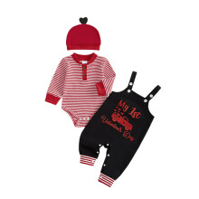 (12-18 Months, Black) Conjunto de 3 piezas para bebé niño: pelele de manga larga a rayas con estampado, gorro, ideal para San Valentín.