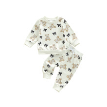 (6-12 Months, Beige) Conjunto de sudadera y pantalones de niño pequeño, 2 piezas, manga larga, cuello redondo y estampado de oso