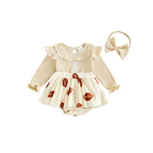 (12-18 Months, Beige) Zweiteiliges Baby-Outfit, langärmeliges Kleid mit Rugby-Druck und Haarband – Herbstlook