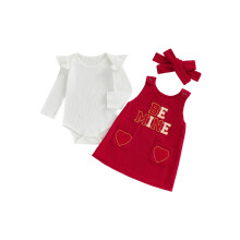 (3-6 Months, Red) Conjunto de mono con cuello redondo y manga larga con volantes para niña y vestido con diadema para San Valentín