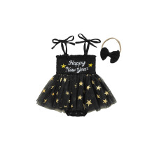 (12-18 Months, Black) Baby-Mädchen-Neujahrsoutfit: Ärmelloser Strampler mit Buchstabenstickerei und passendem Haarband