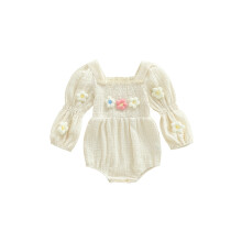 (12-18 Months, Beige) Bequemer Strampler für Babys mit Blumenstickerei und Puffärmeln – süßes Urlaubsoutfit