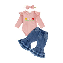 (9-12 Months, Pink) Conjunto de 3 piezas: mameluco bordado, pantalón vaquero acampanado y diadema con lazo para niña.
