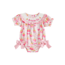 (6-12 Months, Pink) Baby Mädchen Geburtstagsstrampler Rosa Kuchen Schleifenmuster Kurzarm Rundhals Jumpsuit mit Schleife
