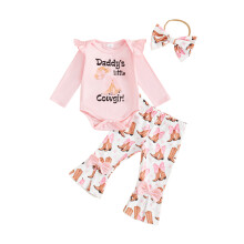(6-9 Months, Pink) Conjunto de 3 piezas niña: mono largo letras, pantalones acampanados botas y diadema lazo