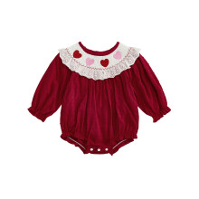 (0-3 Months, Red) Valentinstag Baby-Mädchen-Strampler Bequemer Langarm-Overall mit Rundhalsausschnitt, Rüschen und Herzstickerei