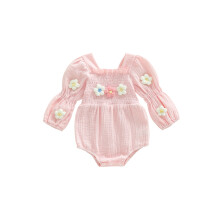(12-18 Months, Pink) Bequemer Strampler für Babys mit Blumenstickerei und Puffärmeln – süßes Urlaubsoutfit