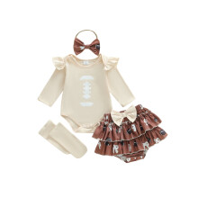 (12-18 Months, Khaki) Conjuntos de otoño para niña, mono de manga larga, shorts, diadema con lazo y calcetines largos.