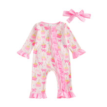 (6-12 Months, Pink) Baby Mädchen Geburtstags-Strampler Rüschen Langarm Jumpsuit mit Reißverschluss und Haarreif
