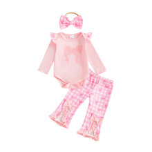(9-12 Months, Pink) Conjunto de 3 piezas de mameluco de manga larga con lazo para niña, pantalones acampanados a cuadros y diadema otoño.
