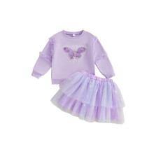 (2-3 Years, Purple) Conjunto de otoño para bebé niña: sudadera de volantes con lentejuelas y falda de malla (2 pcs).