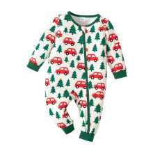 (6-9 Months, Green) Salopetă de Crăciun pentru bebeluși, cu mânecă lungă, guler rotund, imprimeu cu pom de mașină, fermoar oblic
