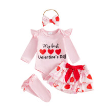 (12-18 Months, Pink) Ropa de San Valentín para niñas, mono de manga larga con letras y lazo, pantalones cortos, diadema y calcetines.