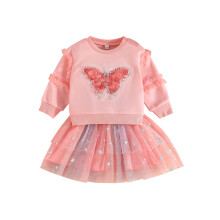 (3-4 Years, Pink) Conjunto de otoño para bebé niña: sudadera de volantes con lentejuelas y falda de malla (2 pcs).