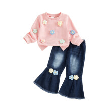 (6-12 Months, Pink) Conjunto otoño niña: jersey manga larga con flores + pantalones vaqueros acampanados (2 piezas).