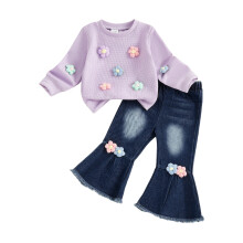 (6-12 Months, Purple) Conjunto otoño niña: jersey manga larga con flores + pantalones vaqueros acampanados (2 piezas).