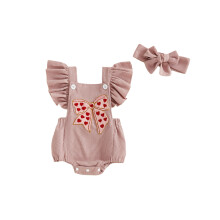 (0-3 Months, Pink) 2-teiliges Baby-Mädchen-Outfit: Strampler mit schrägen Ärmeln, eckigem Ausschnitt, Schleifenstickerei und Stirnband