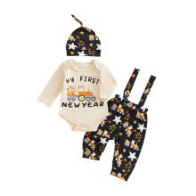 (6-9 Months, Beige) Conjunto bebé niño, pelele manga larga letras, peto fuegos artificiales y gorro. Conjunto Año Nuevo bebé.