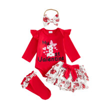 (3-6 Months, Red) Ropa de San Valentín para niñas, mono de manga larga con letras y lazo, pantalones cortos, diadema y calcetines.