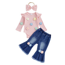 (9-12 Months, Pink) Conjunto de 3 piezas de mameluco de flores, pantalones acampanados y diadema para niña en otoño