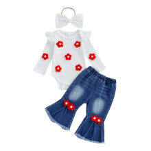 (12-18 Months, White) Conjunto de 3 piezas de mameluco de flores, pantalones acampanados y diadema para niña en otoño