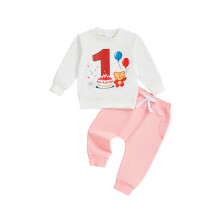(12-18 Months, White) Conjunto 2 piezas 1er cumpleaños: jersey largo con estampado pastel + pantalón liso elástico.