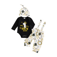 (0-3 Months, Black) Conjunto bebé niño, pelele manga larga letras, peto fuegos artificiales y gorro. Conjunto Año Nuevo bebé.