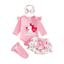 (0-3 Months, Deep Pink) Ropa de San Valentín para niñas, mono de manga larga con letras y lazo, pantalones cortos, diadema y calcetines.