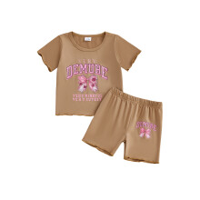 (2-3 Years, Coffee) Conjunto de verano para niñas: top corto con cuello redondo y estampado de lazo, y shorts.