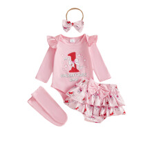 (3-6 Months, Pink) Conjuntos de San Valentín para niña, mono de manga larga, pantalones cortos con lazo, diadema y calcetines largos