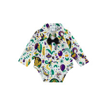 (3-6 Months, White) Tutina da neonato per Mardi Gras con maniche lunghe, colletto a risvolto, bottoni, stampa e papillon.