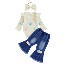 (9-12 Months, Beige) Conjunto de 3 piezas de mameluco de flores, pantalones acampanados y diadema para niña en otoño