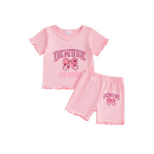 (6-12 Months, Pink) Conjunto de verano para niñas: top corto con cuello redondo y estampado de lazo, y shorts.