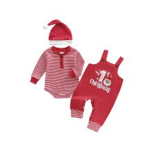 (9-12 Months, Red) Conjunto navideño para niños, 3 piezas: mono de rayas, camiseta con estampado de Papá Noel y gorro.
