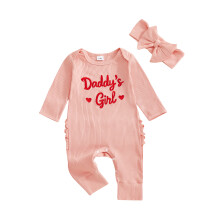 (3-6 Months, Pink) Podzimní overal pro holčičku, dlouhý rukáv, vyšívaná písmena a čelenka s mašlí, dětské oblečení