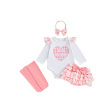 (12-18 Months, Pink) Conjunto de 4 piezas de San Valentín para bebé niña: pelele de manga larga, falda, diadema y medias.