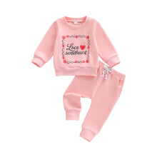 (6-12 Months, Pink) Ensemble 2 pièces bébé fille : pull manches longues et pantalon floral cœur, parfait pour la Saint-Valentin.