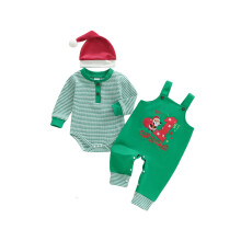 (12-18 Months, Green) Conjunto navideño para niños, 3 piezas: mono de rayas, camiseta con estampado de Papá Noel y gorro.