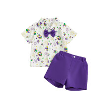 (3-4 Years, Purple) Peuterjongensoutfit Mardi Gras: kortemouwen shirt met strik, sterren en vuurwerk, effen short (2-delig)