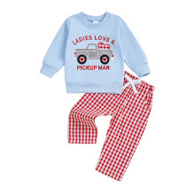 (2-3 Years, Blue) Peuterjongen herfstoutfit: trui met ronde hals en vrachtwagen- en hartjesprint, plus geruite broek.