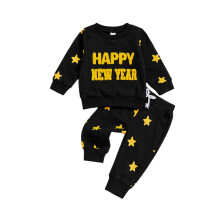 (2-3 Years, Black) Conjunto de 2 piezas para bebé: suéter de manga larga con letras bordadas y pantalones con estrellas.