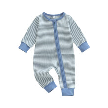(9-12 Months, Blue) Tutina intera per neonato con cerniera, fantasia a righe, maniche lunghe, scollo rotondo, lunghezza intera.