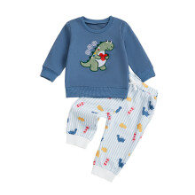 (18-24 Months, Blue) Conjunto de 2 piezas para niños: blusa de manga larga con bordado de dinosaurio y pantalones a rayas.
