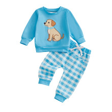 (12-18 Months, Blue) Peuterjongen herfstoutfit: trui met hondenprint + geruite broek met elastische taille (2-delige set)