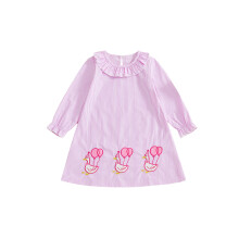 (4-5 Years, Pink) Taaperotyttöjen syntymäpäivämekko, puff-hihat, röyhelöt, pyöreä kaula, hanhi-kirjontaa, raidallinen.
