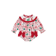 (12-18 Months, Red) Mono de bebé niña con estampado de burbujas, bordado de árbol de Navidad y mangas largas fruncidas.