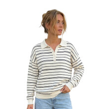 (M, White) Women Knit Tops, Long Sleeve Turn-down Collar Striped Loose Fall Tops Streetwear