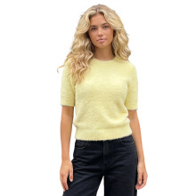 (L, Yellow) Women's Fuzzy Knit Tops Fashionable Casual Solid Color Crew Neck Short Sleeve Sweater
